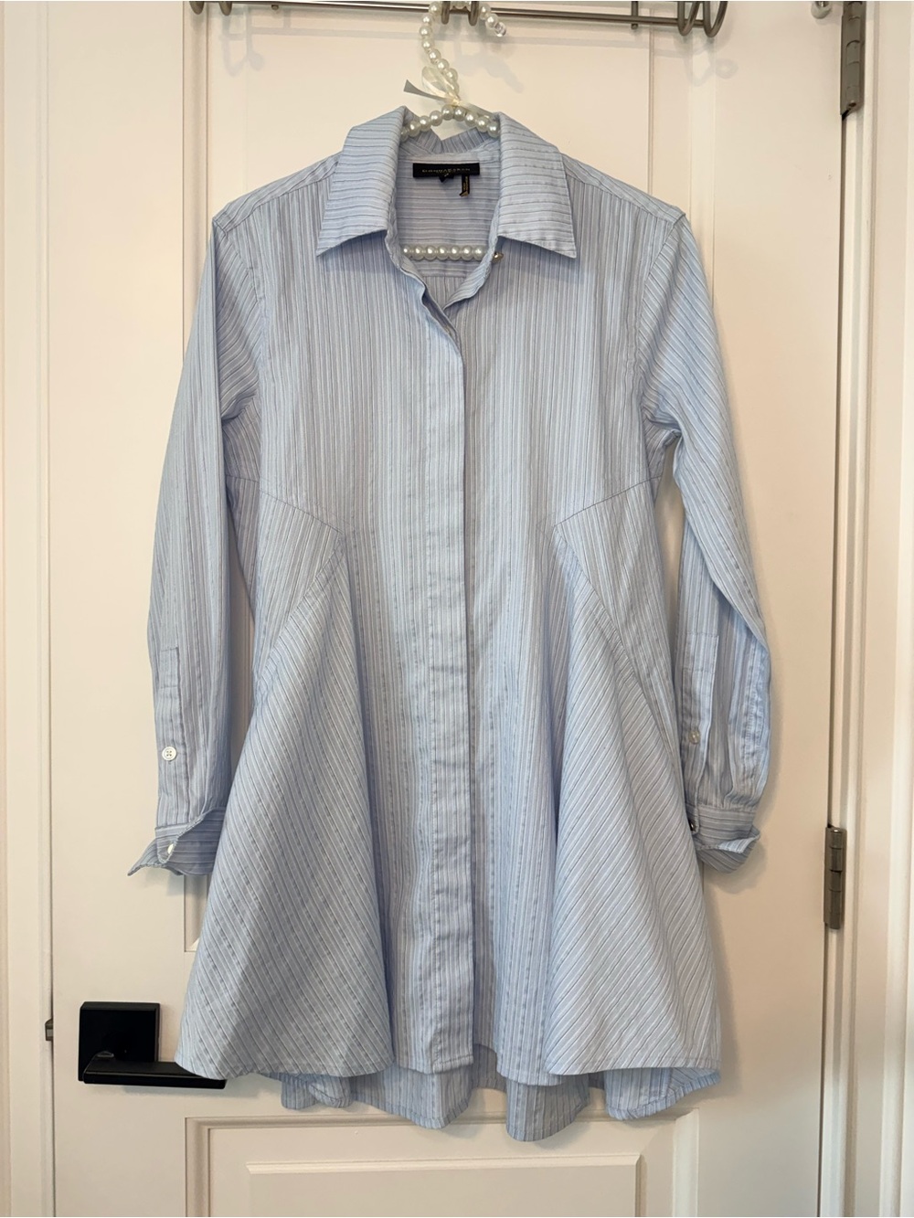 Donna Karen Striped Light Blue Flared Button-Down Shirt Dress Tunic XS Y2K